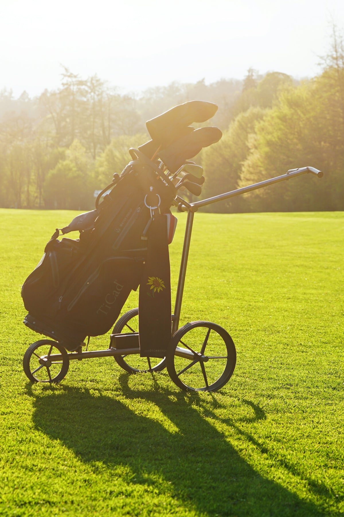 a golf cart with a golf bag on it