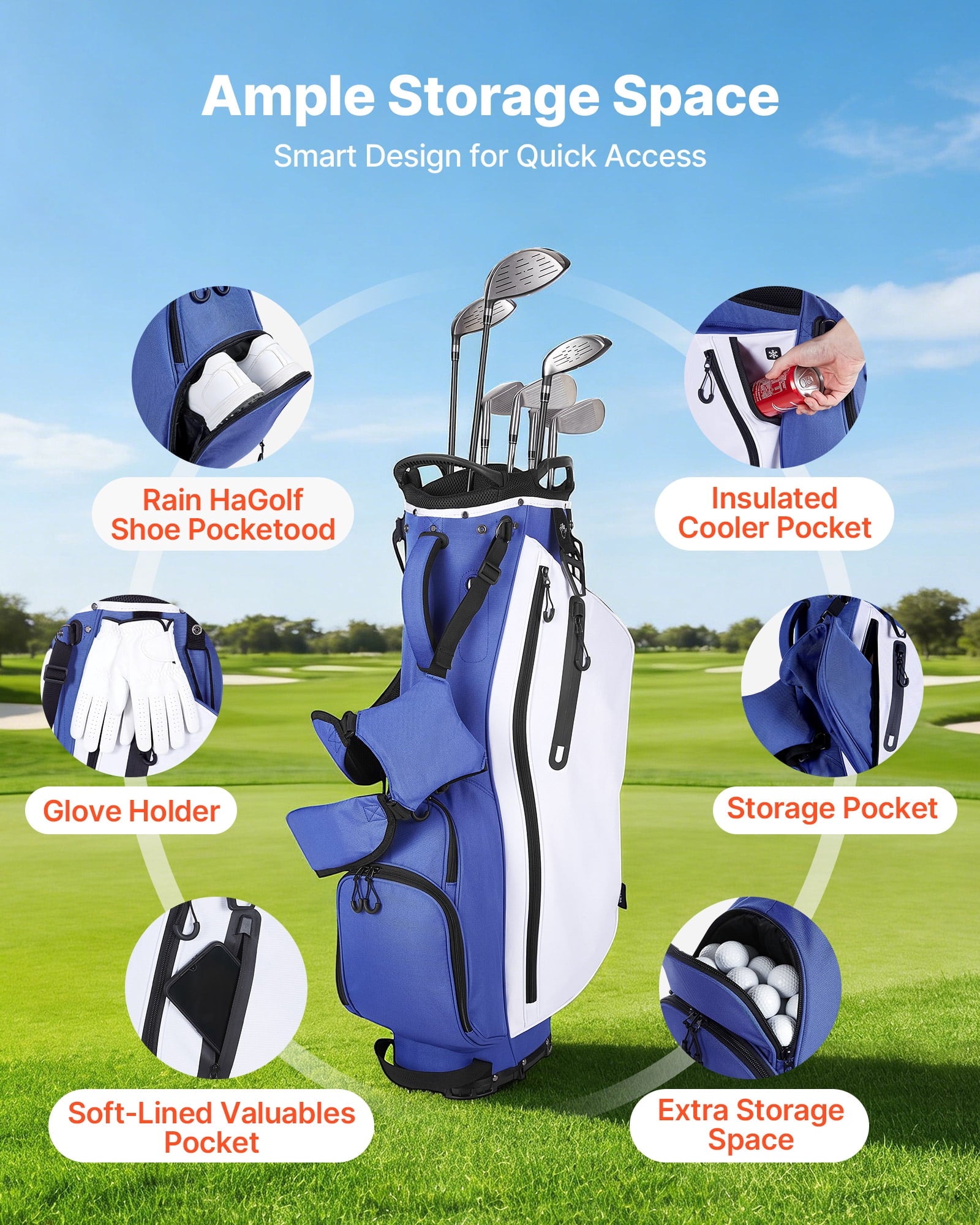 VEVOR Golf Cart Bag, 7 Way Top Divider Organizer, Club Stand Bag with Full-length Divider, Handles, Dual Support Legs, Storage Pockets, Dual Shoulder Straps, Rain Hood, Lightweight for Men and Women