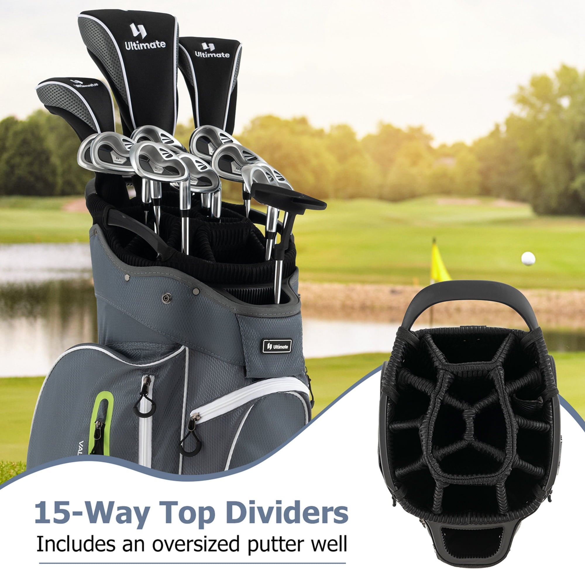 Costway Lightweight Golf Cart Bag with 15 Way Top Divider Individual Putter Well Cooler Bag Green