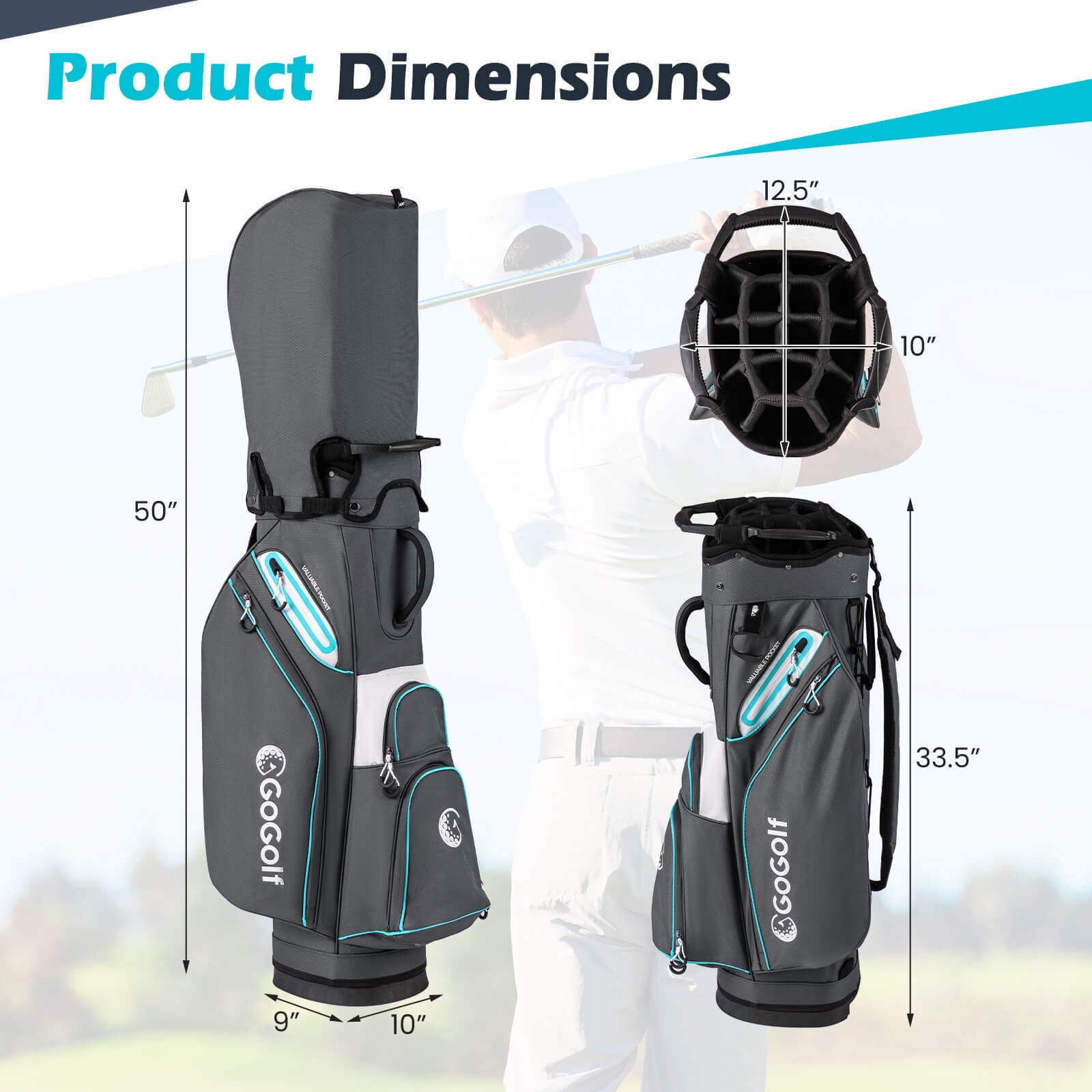 Costway Golf Cart Bag Lightweight & Portable Golf Bag with 14-Way Top 6 Pockets Rain Hood Gray