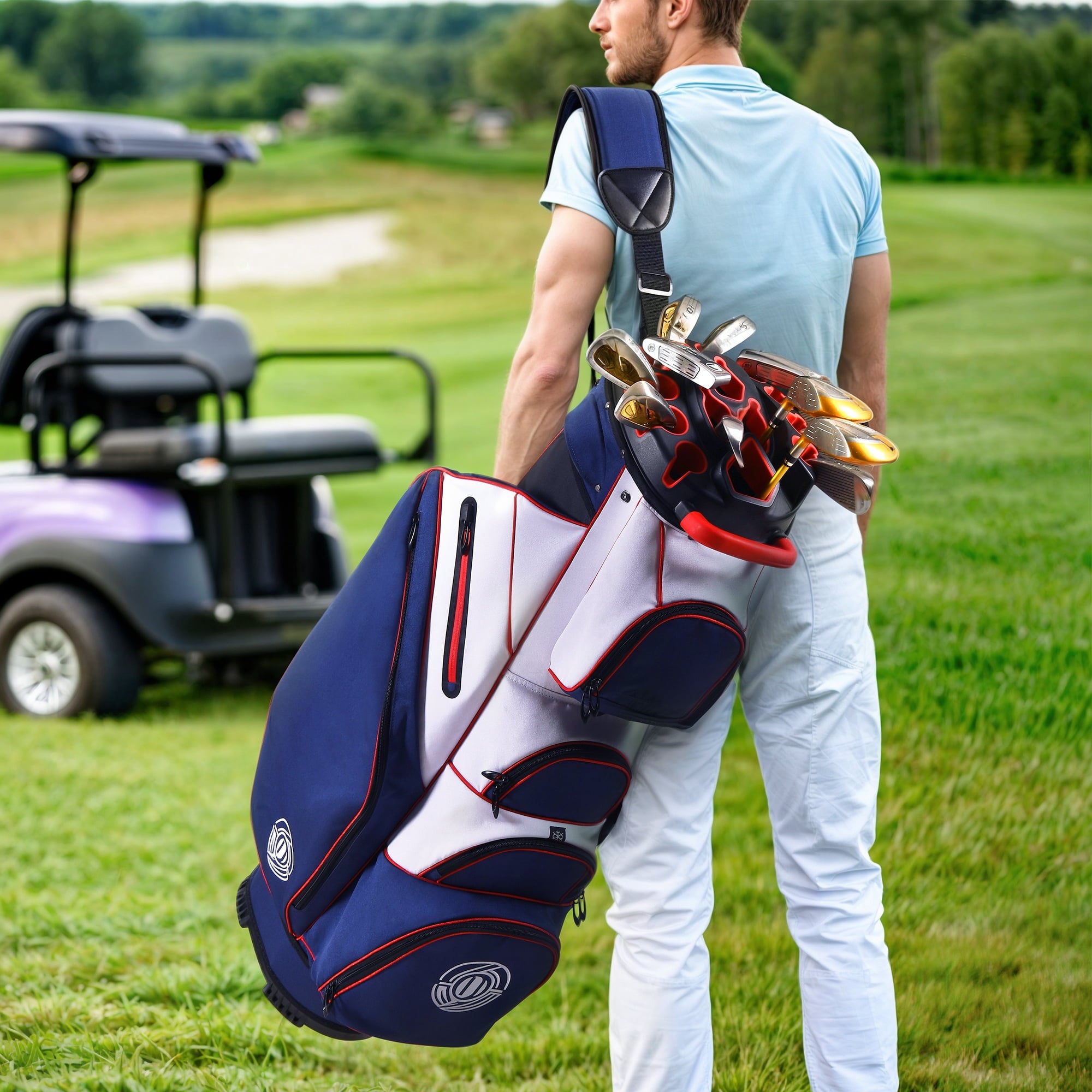 Sturdum 14-Way Golf Cart Bag with Molded Lock Top, Quiet Golf Club Organizer with Full-Length Dividers, Padded Strap & Rain Hood