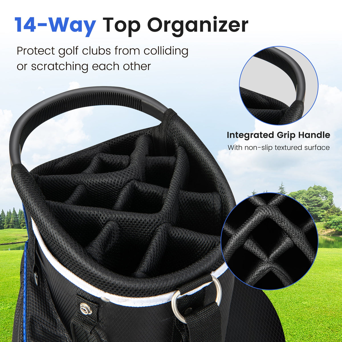 Costway Lightweight Golf Cart Bag with 14 Way Top Dividers 9 Pockets Rain Hood Cooler Bag Blue