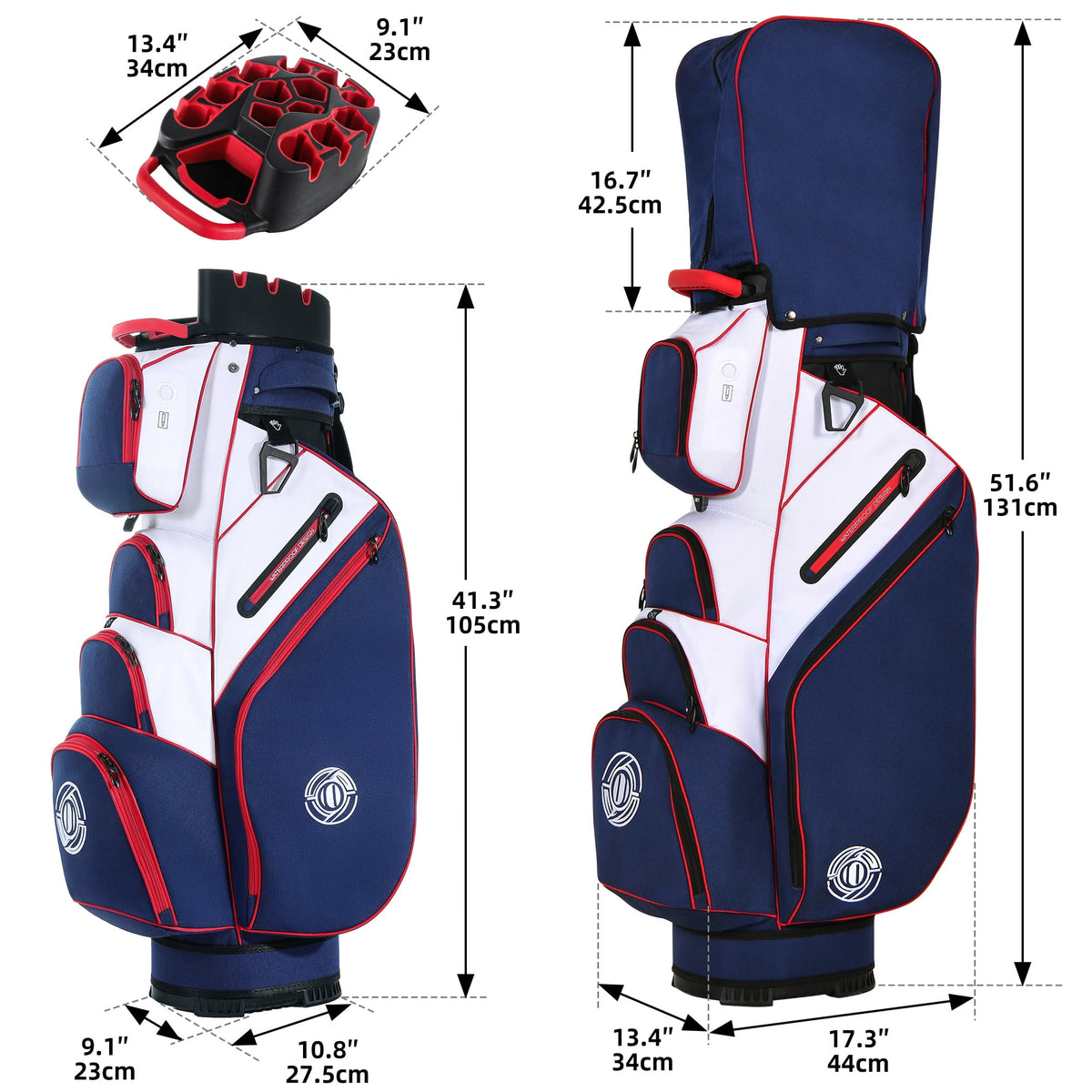 Sturdum 14-Way Golf Cart Bag with Molded Lock Top, Quiet Golf Club Organizer with Full-Length Dividers, Padded Strap & Rain Hood