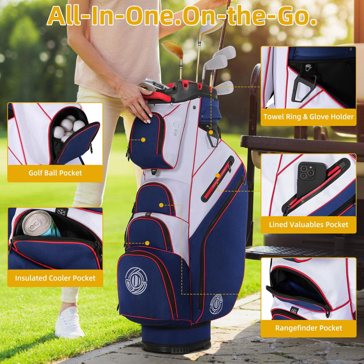 Sturdum 14-Way Golf Cart Bag with Molded Lock Top, Quiet Golf Club Organizer with Full-Length Dividers, Padded Strap & Rain Hood