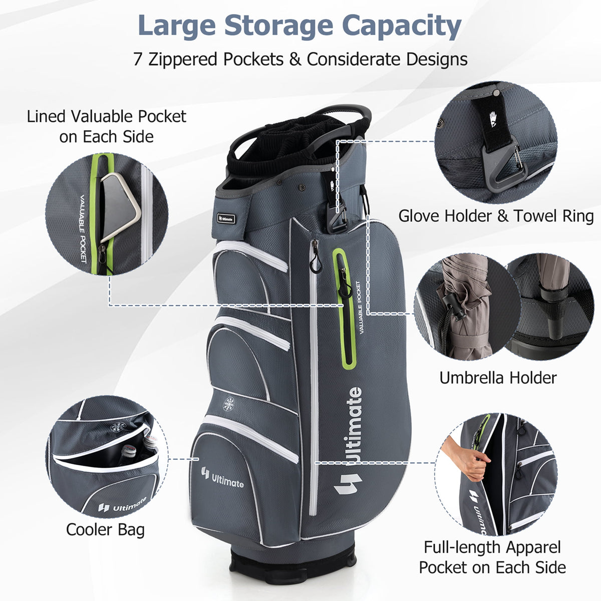 Costway Lightweight Golf Cart Bag with 15 Way Top Divider Individual Putter Well Cooler Bag Green
