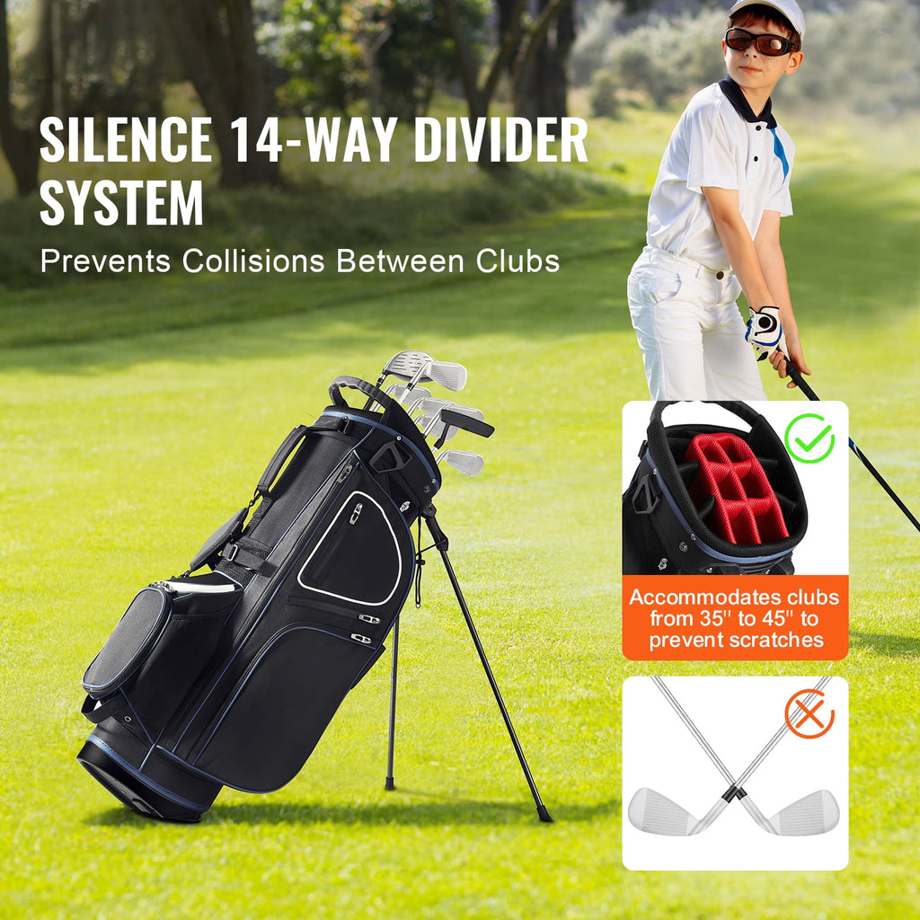 KFFKFF Golf Bag for Carts, 14-Slot Top Divider, 35'' with 11 Storage Sections, Sturdy Stand & Carry Handles, Includes Dust Protection & Removable Shoulder Straps, Unisex Design in Black & White