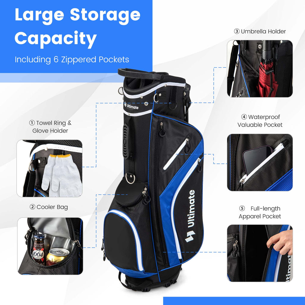 Costway Lightweight Golf Stand Bag with 14 Way Top Dividers 6 Pockets Cooler Bag Rain Hood Blue