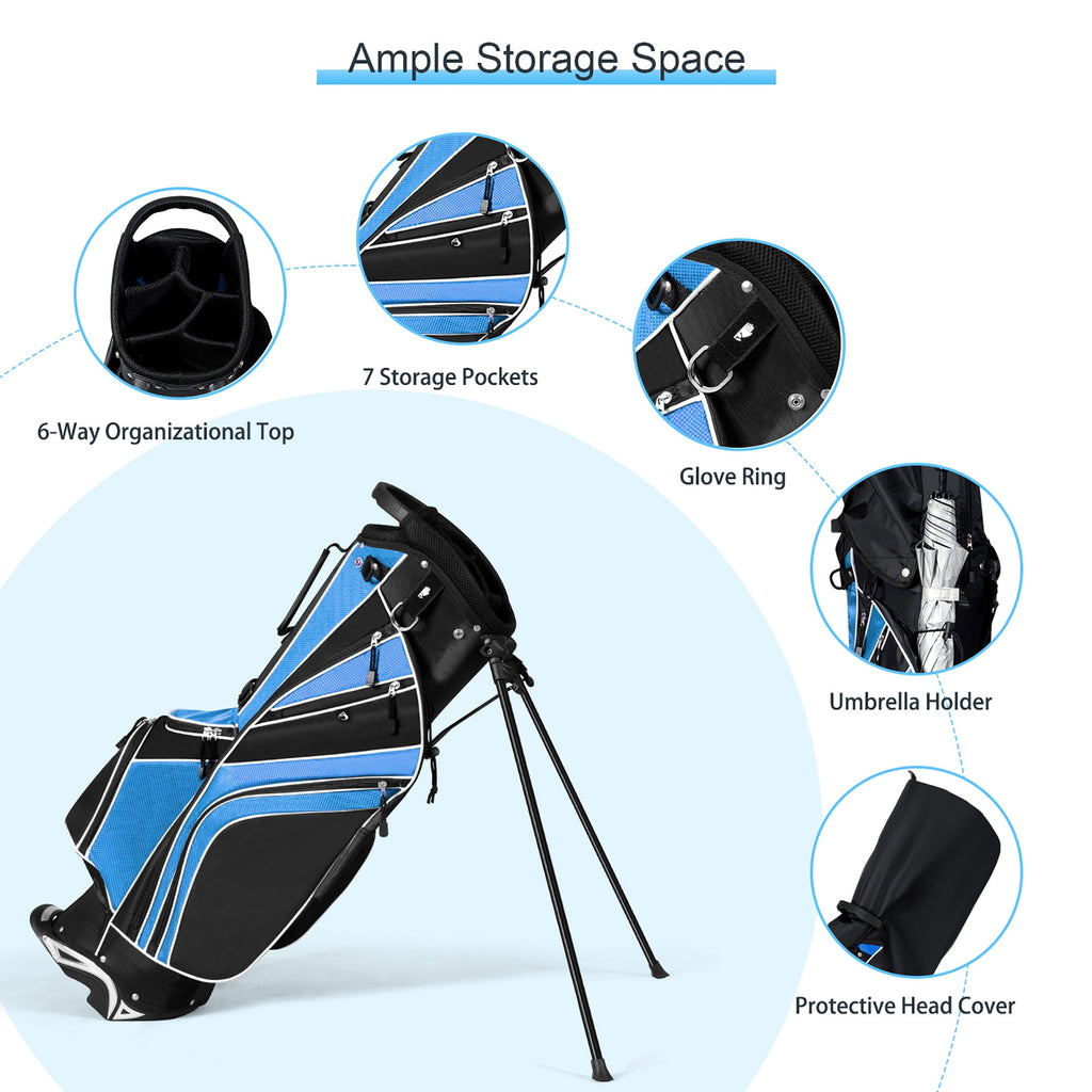Gymax Golf Stand Bag 6 Way Divider Golf Carry Bag w/ Straps & 7 Storage Pockets Blue