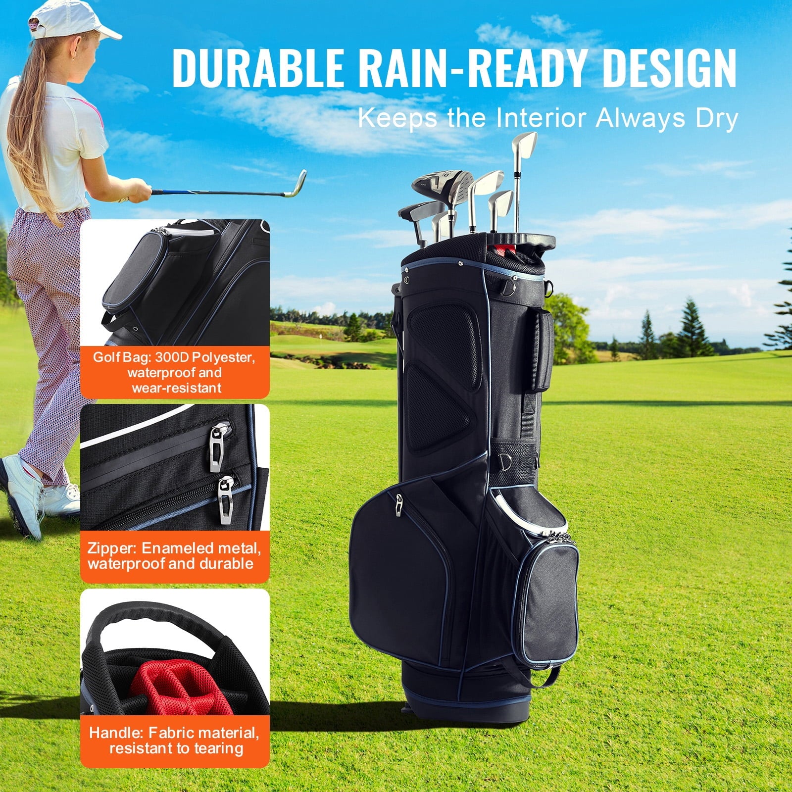 KFFKFF Golf Bag for Carts, 14-Slot Top Divider, 35'' with 11 Storage Sections, Sturdy Stand & Carry Handles, Includes Dust Protection & Removable Shoulder Straps, Unisex Design in Black & White