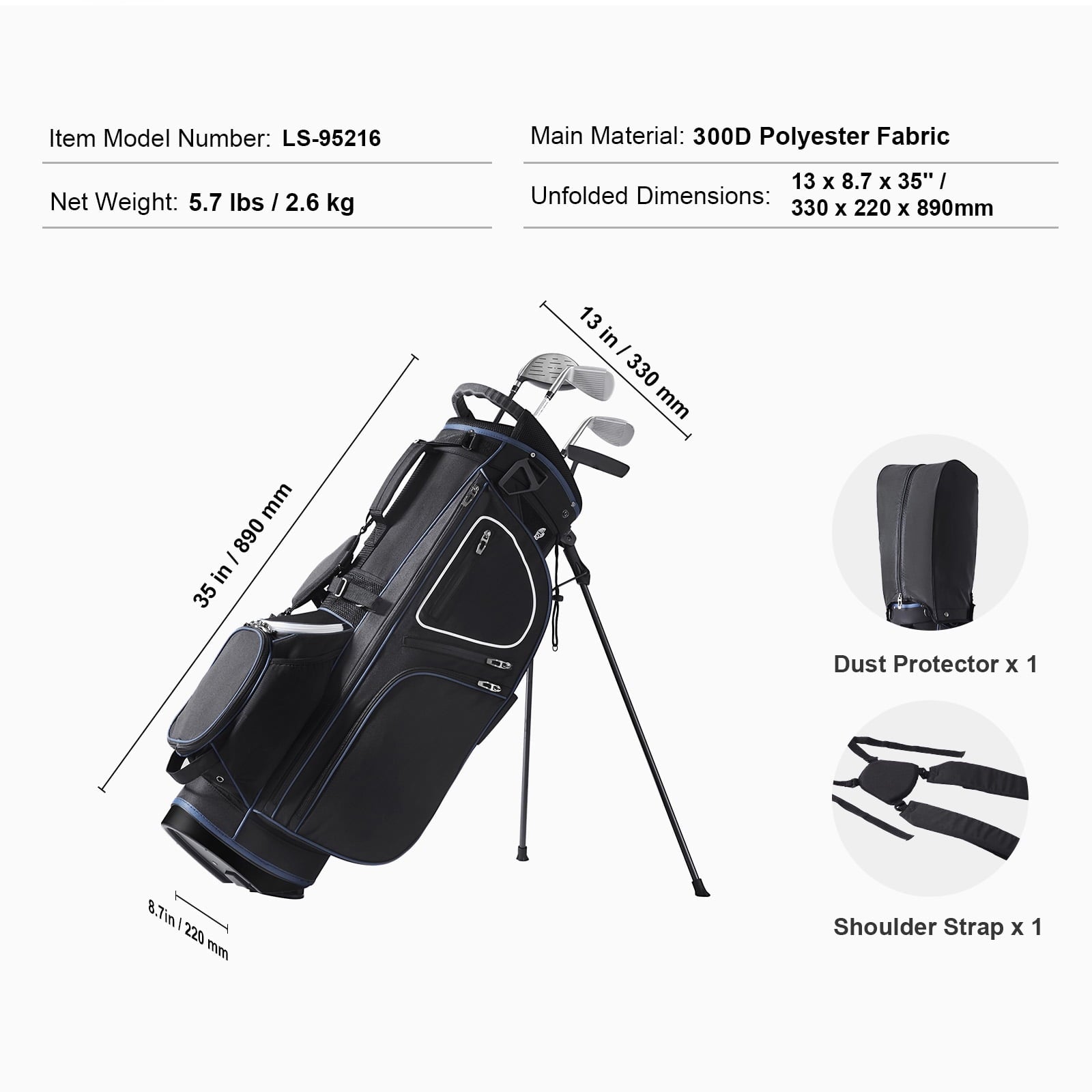 KFFKFF Golf Bag for Carts, 14-Slot Top Divider, 35'' with 11 Storage Sections, Sturdy Stand & Carry Handles, Includes Dust Protection & Removable Shoulder Straps, Unisex Design in Black & White