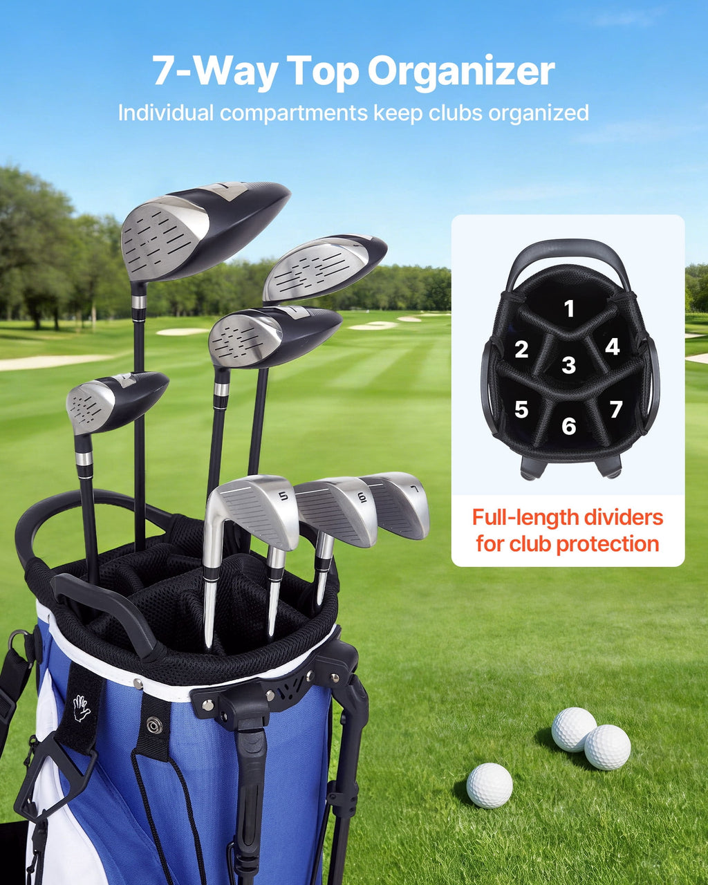VEVOR Golf Cart Bag, 7 Way Top Divider Organizer, Club Stand Bag with Full-length Divider, Handles, Dual Support Legs, Storage Pockets, Dual Shoulder Straps, Rain Hood, Lightweight for Men and Women