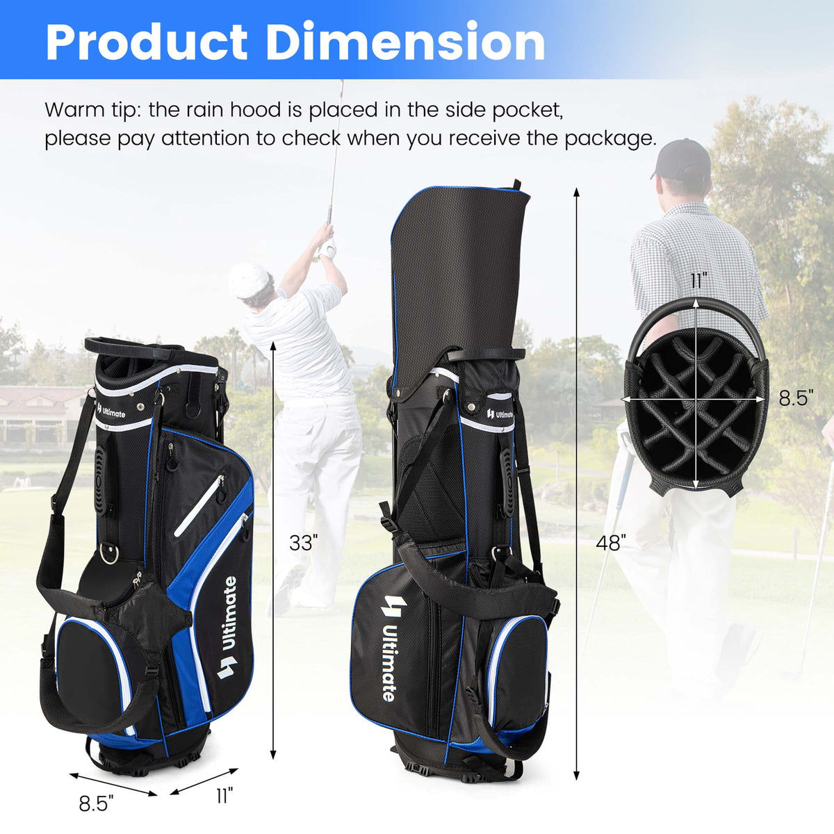 Costway Lightweight Golf Stand Bag with 14 Way Top Dividers 6 Pockets Cooler Bag Rain Hood Blue