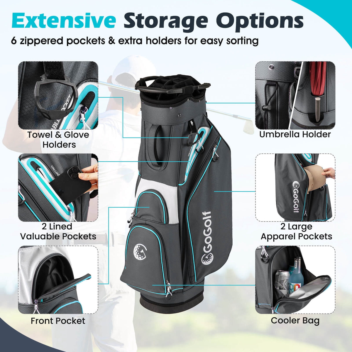 Costway Golf Cart Bag Lightweight & Portable Golf Bag with 14-Way Top 6 Pockets Rain Hood Gray