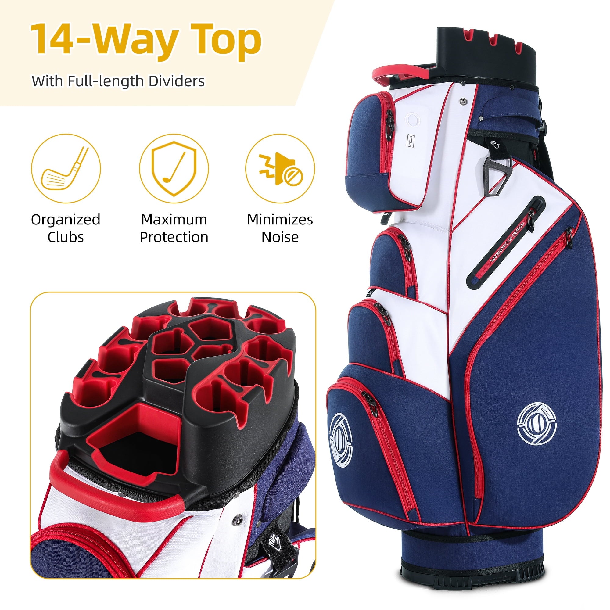 Sturdum 14-Way Golf Cart Bag with Molded Lock Top, Quiet Golf Club Organizer with Full-Length Dividers, Padded Strap & Rain Hood
