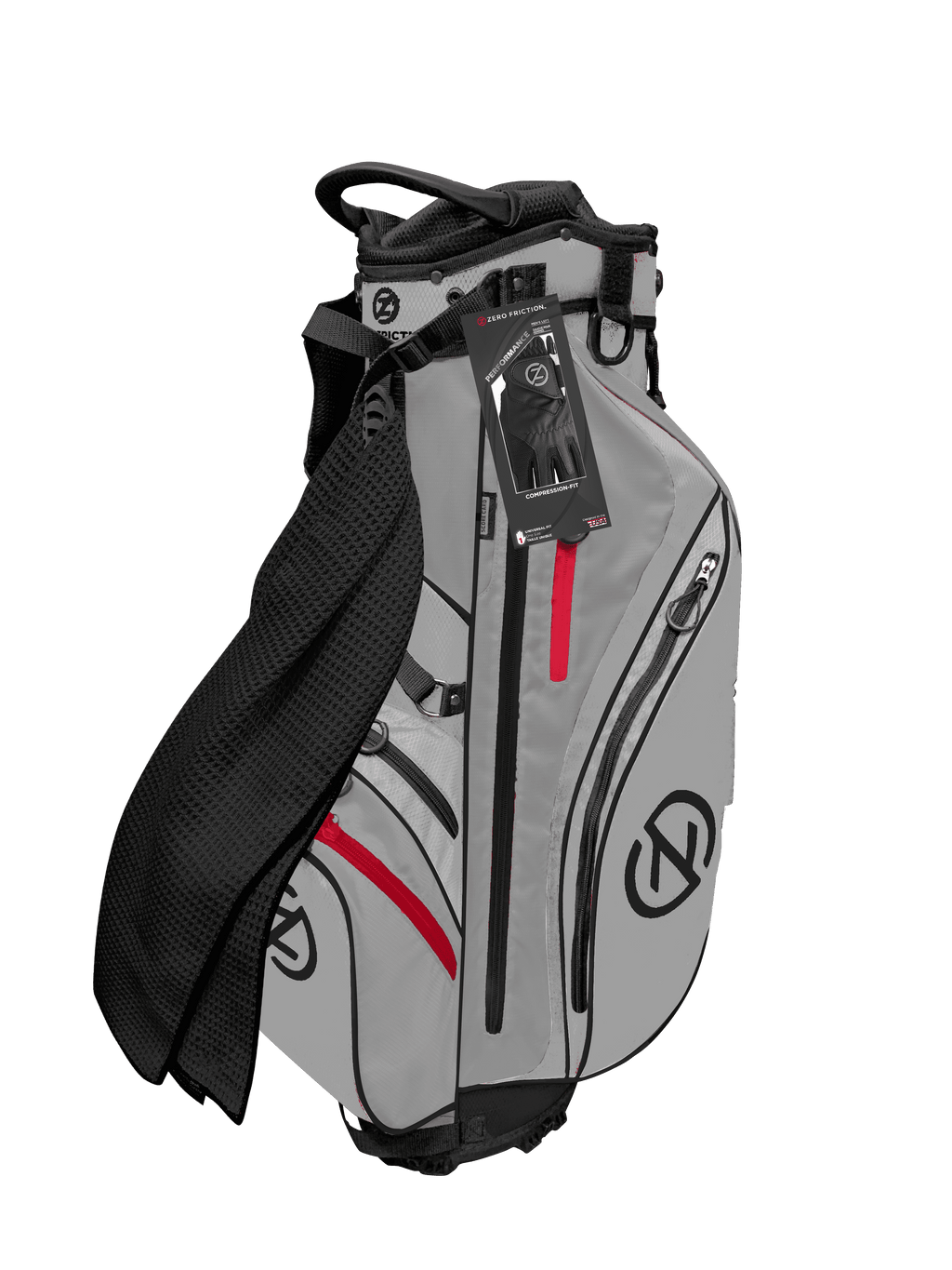 Zero Friction Stand Bag (6-way top, Gray, Bonus Towel and Glove) Golf NEW