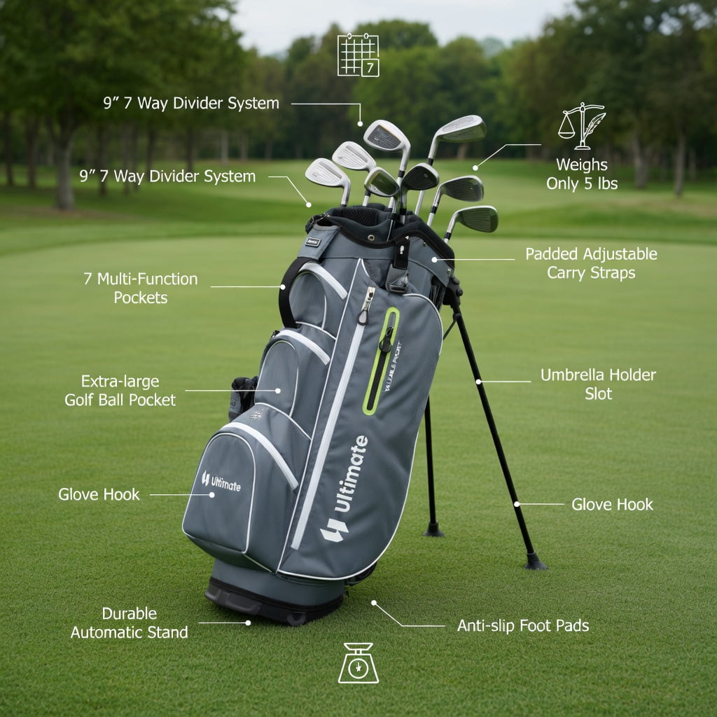 Topcobe 9.5 Inch Lightweight Golf Cart Bag with 15 Way Top Dividers, Golf Bags for Adult, Multiple Pockets, Green