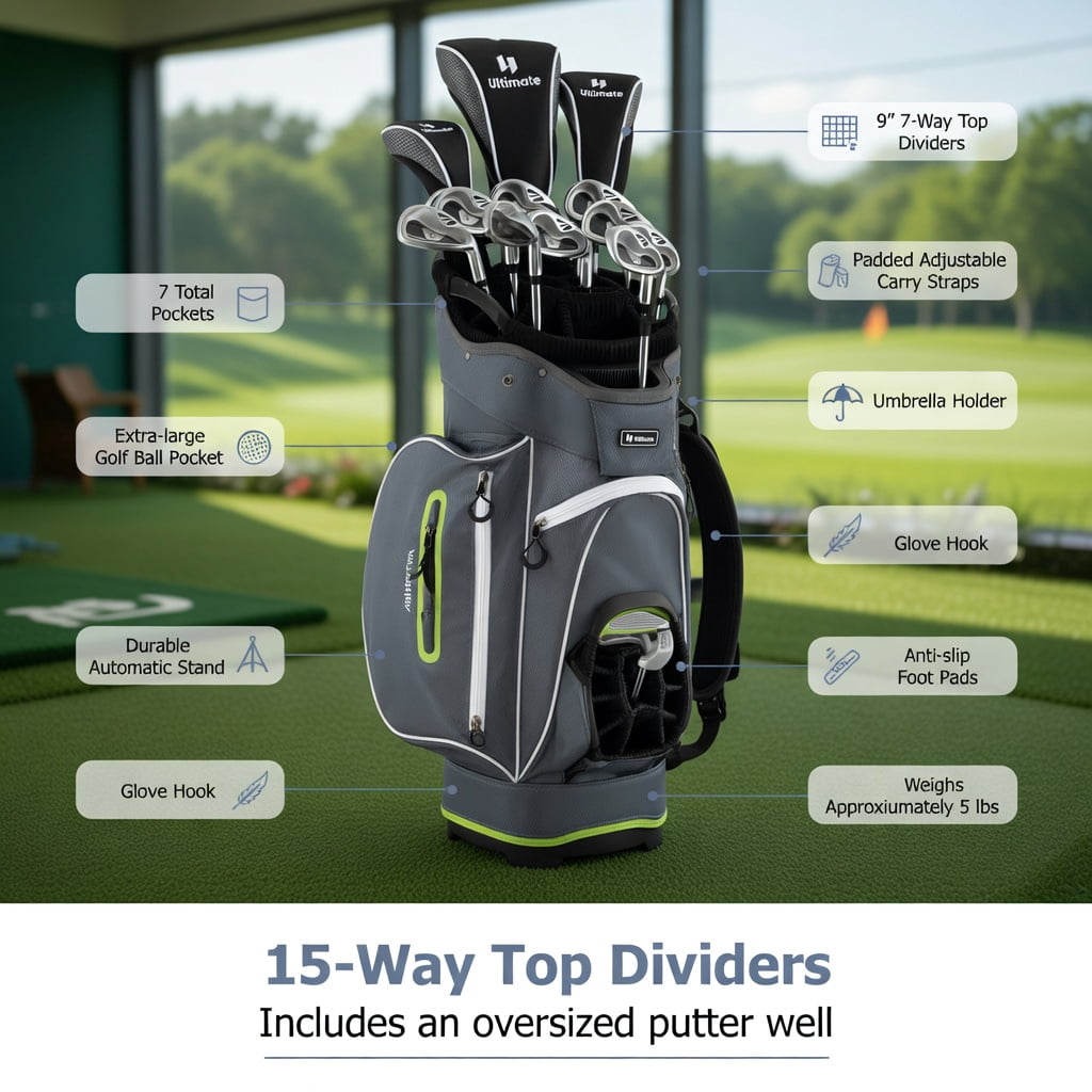 Topcobe 9.5 Inch Lightweight Golf Cart Bag with 15 Way Top Dividers, Golf Bags for Adult, Multiple Pockets, Green