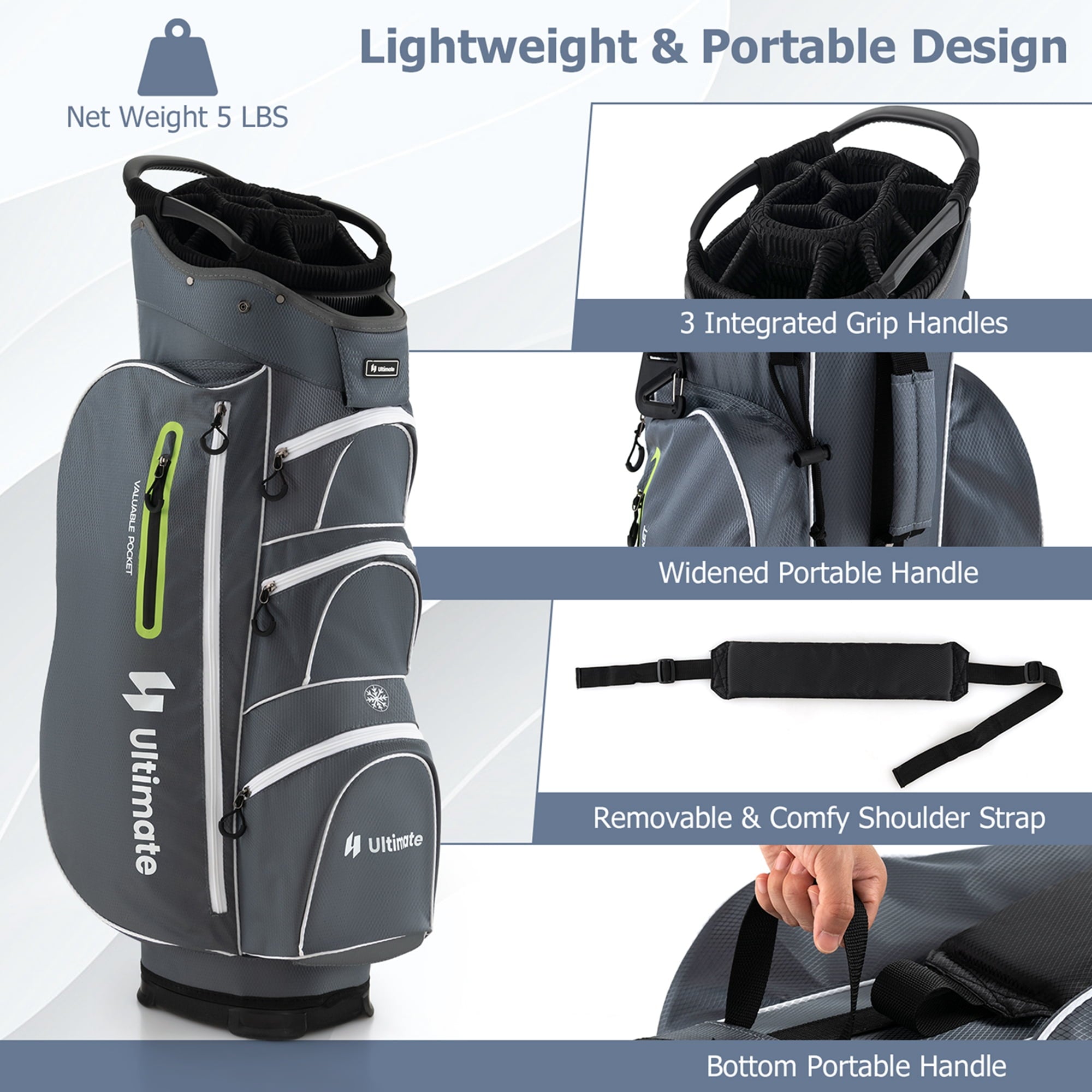 Costway Lightweight Golf Cart Bag with 15 Way Top Divider Individual Putter Well Cooler Bag Green