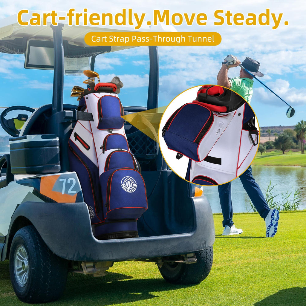 Sturdum 14-Way Golf Cart Bag with Molded Lock Top, Quiet Golf Club Organizer with Full-Length Dividers, Padded Strap & Rain Hood