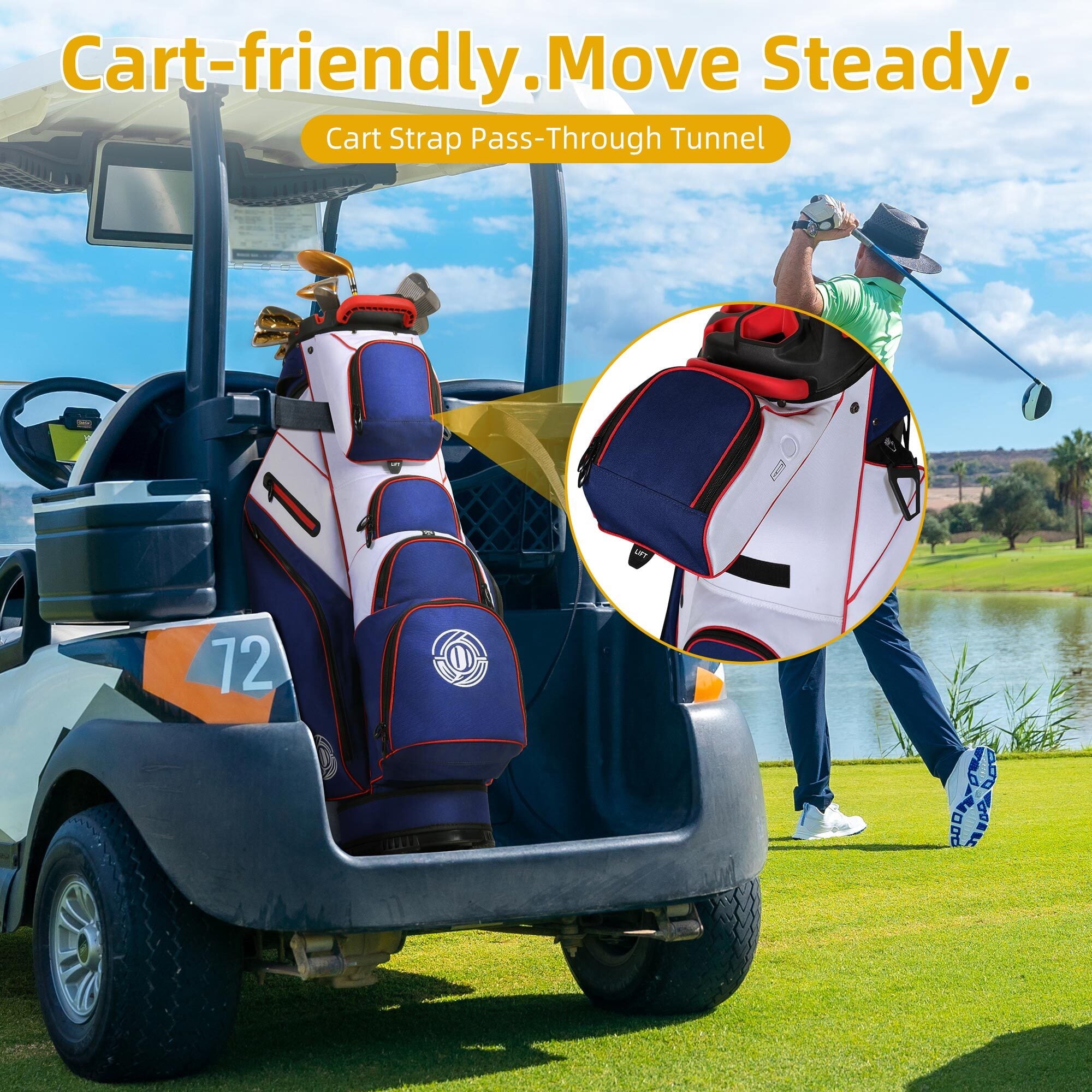 Sturdum 14-Way Golf Cart Bag with Molded Lock Top, Quiet Golf Club Organizer with Full-Length Dividers, Padded Strap & Rain Hood