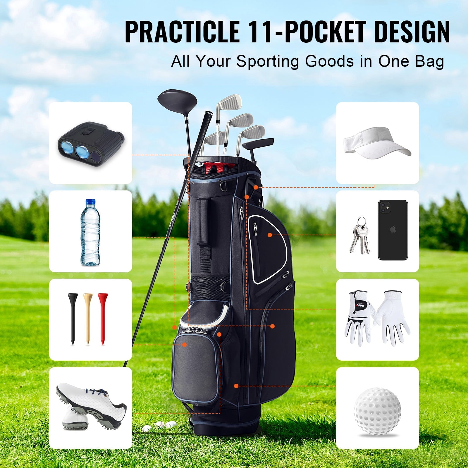 KFFKFF Golf Bag for Carts, 14-Slot Top Divider, 35'' with 11 Storage Sections, Sturdy Stand & Carry Handles, Includes Dust Protection & Removable Shoulder Straps, Unisex Design in Black & White