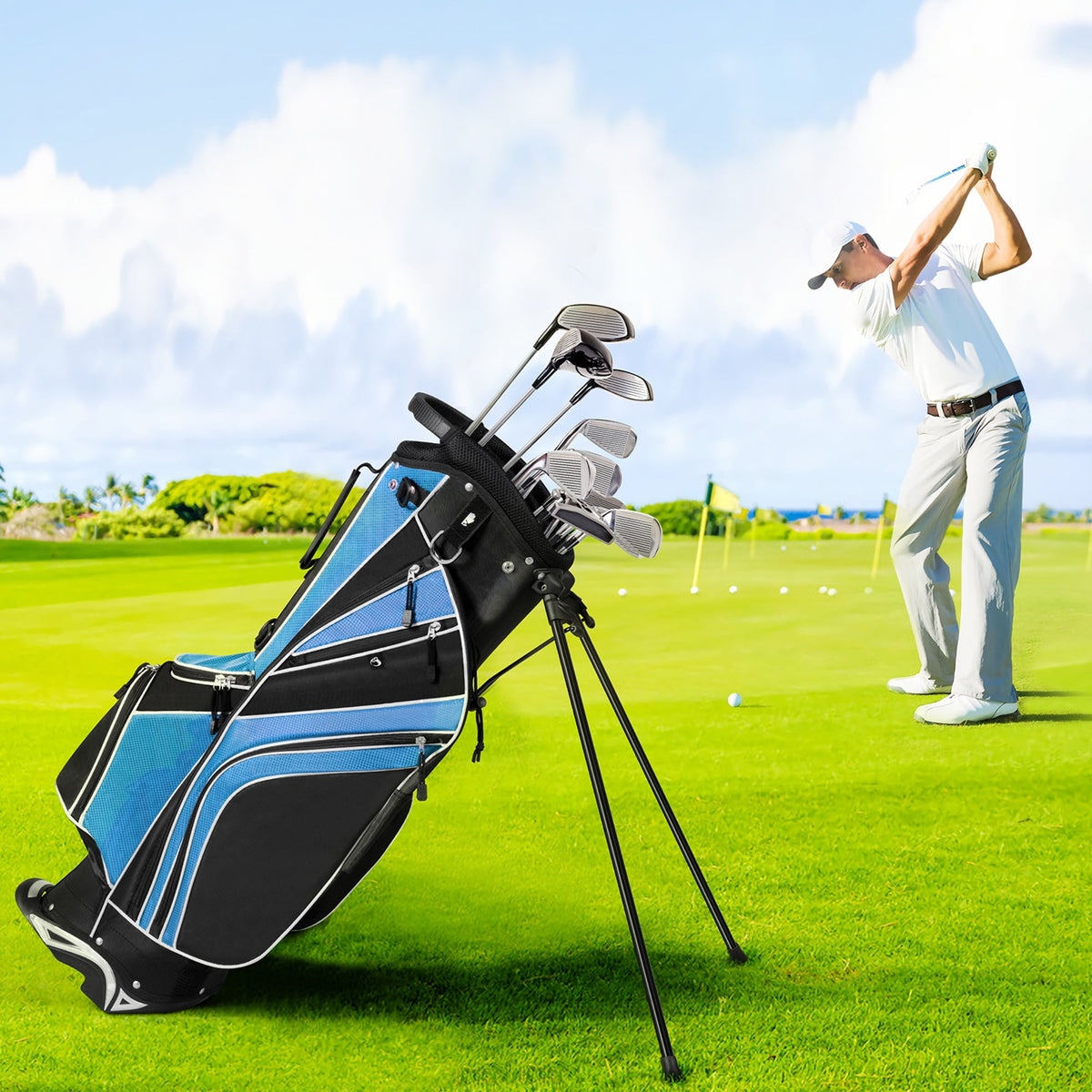 Gymax Golf Stand Bag 6 Way Divider Golf Carry Bag w/ Straps & 7 Storage Pockets Blue