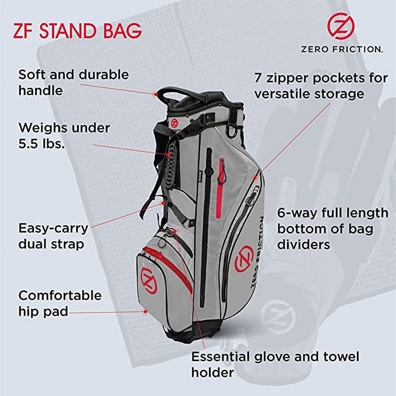 Zero Friction Stand Bag (6-way top, Gray, Bonus Towel and Glove) Golf NEW