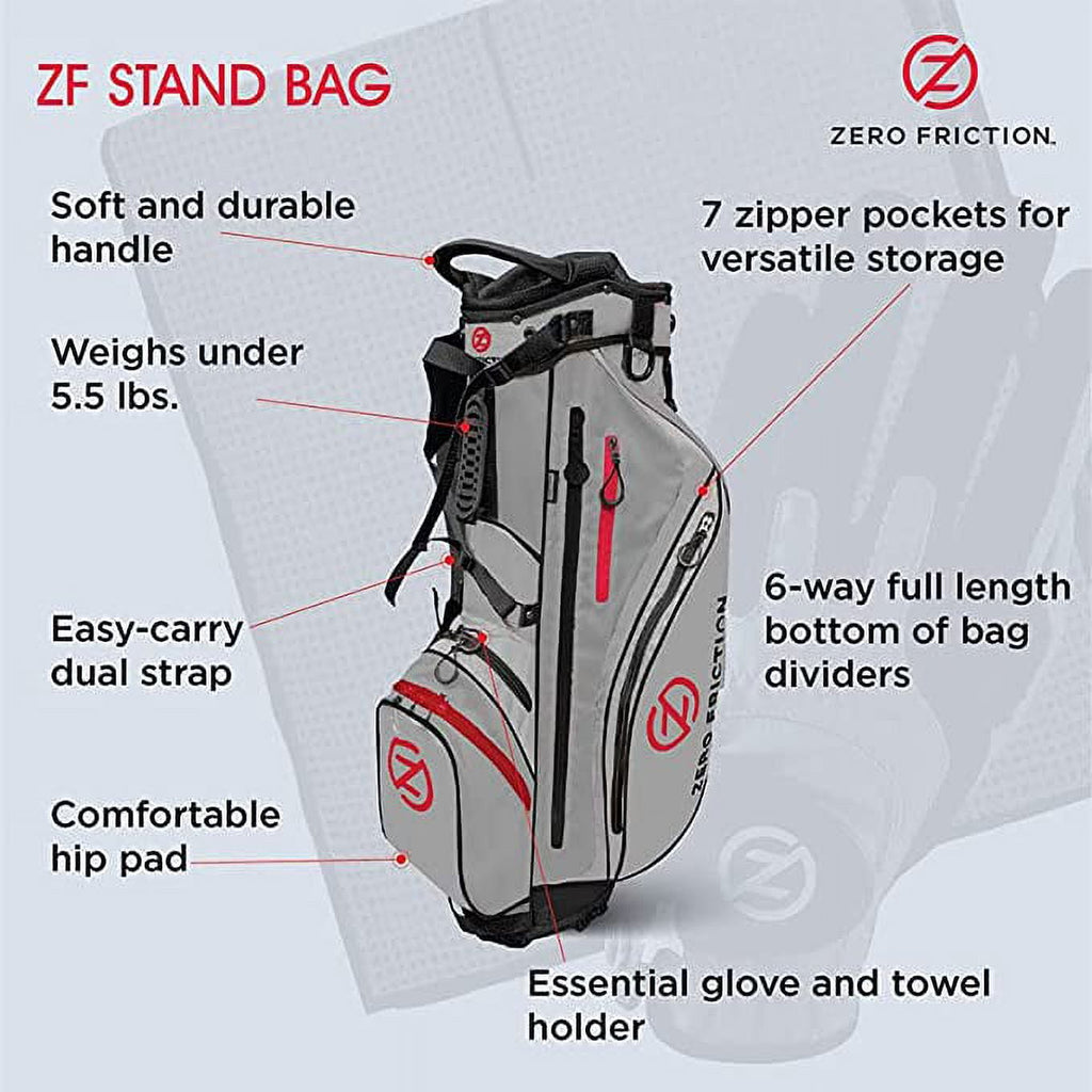 Zero Friction Stand Bag (6-way top, Gray, Bonus Towel and Glove) Golf NEW