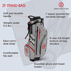 Zero Friction Stand Bag (6-way top, Gray, Bonus Towel and Glove) Golf NEW