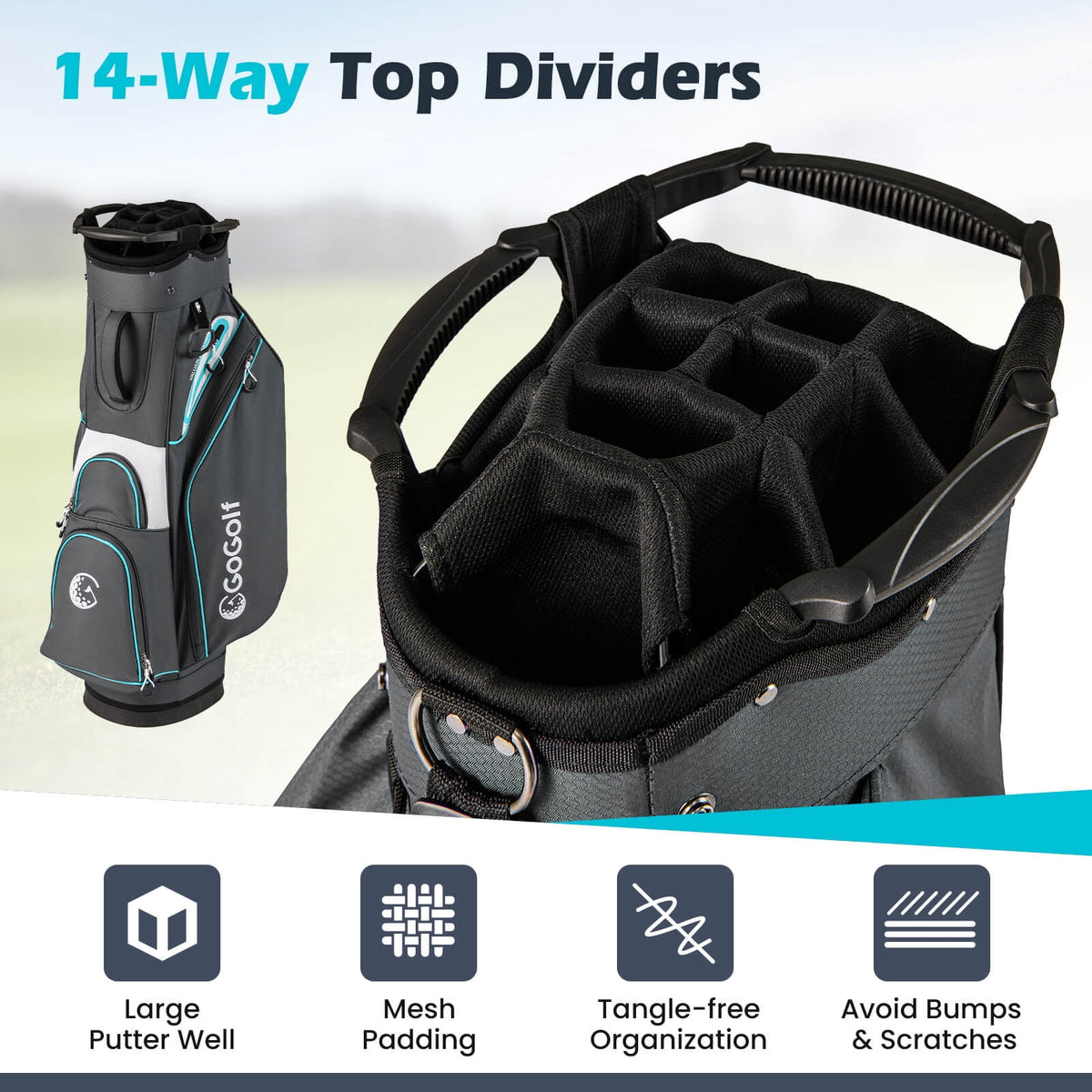 Costway Golf Cart Bag Lightweight & Portable Golf Bag with 14-Way Top 6 Pockets Rain Hood Gray