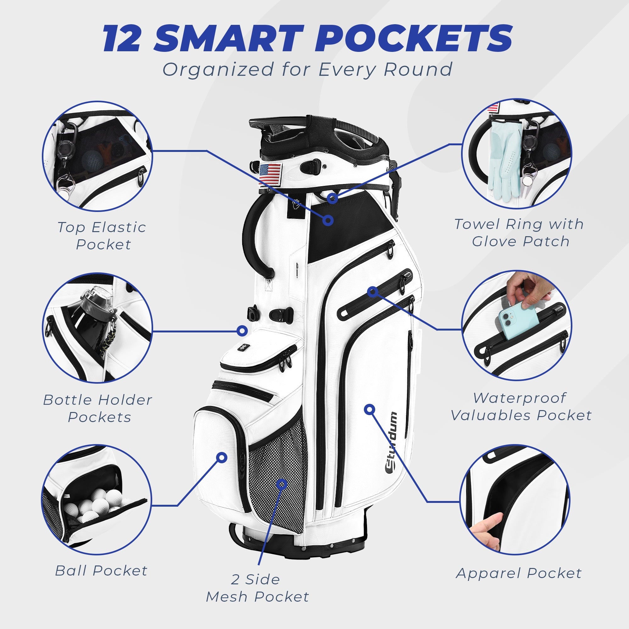 Sturdum 14-Way Golf Stand Bag, Tour-Grade 900D Oxford Golf Bag for Men & Women, Lightweight with 12 Pockets, Full-Length Dividers & Reinforced Base