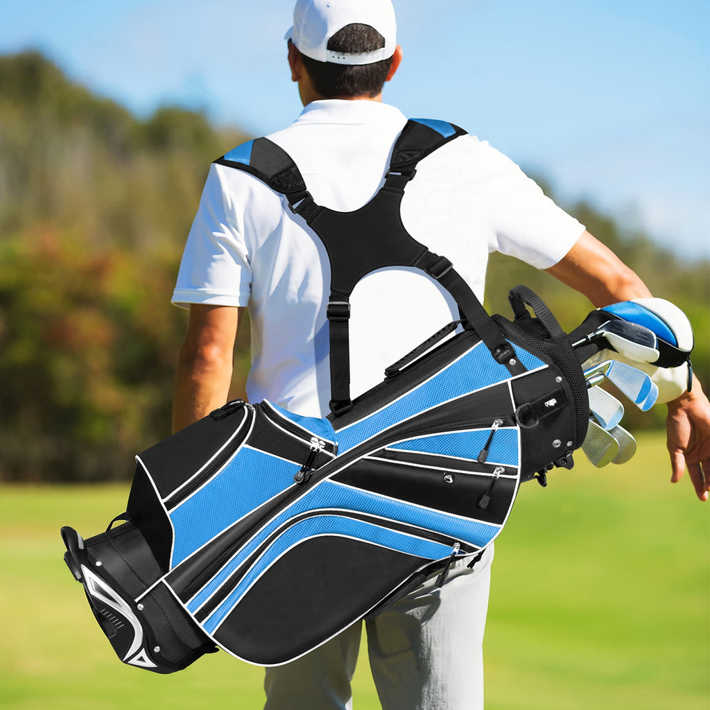 Gymax Golf Stand Bag 6 Way Divider Golf Carry Bag w/ Straps & 7 Storage Pockets Blue