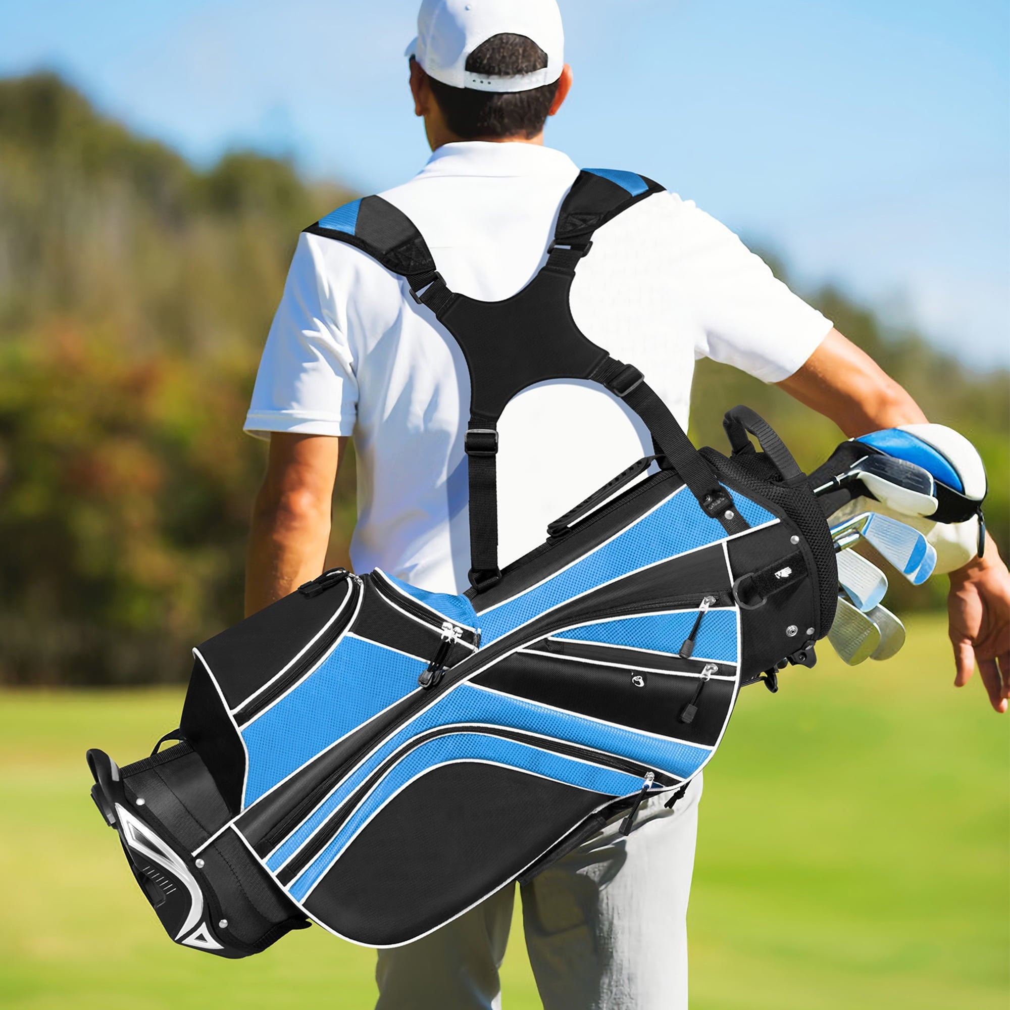 Gymax Golf Stand Bag 6 Way Divider Golf Carry Bag w/ Straps & 7 Storage Pockets Blue
