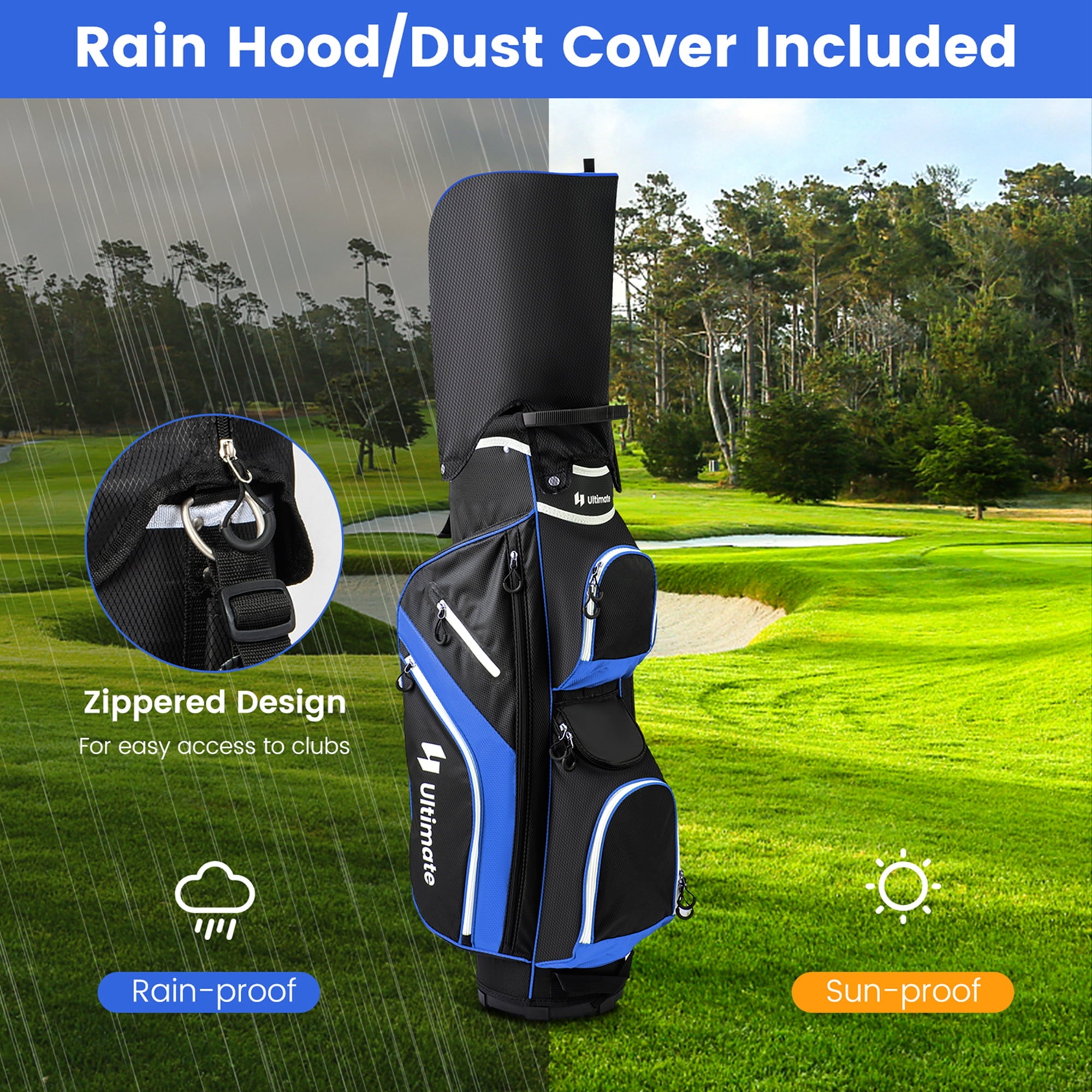 Costway Lightweight Golf Cart Bag with 14 Way Top Dividers 9 Pockets Rain Hood Cooler Bag Blue